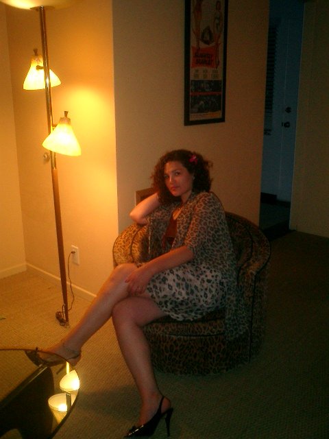 Monica looks right at home in the Leopard Lounge at the Orbit In, Palm Springs 5/7/04
